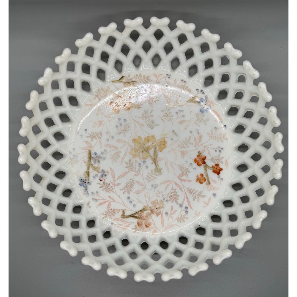Vtg. Milk Glass Painted Floral Bowl Basket weave Lattice Fruit Compote Open Lace - Picture 2 of 13